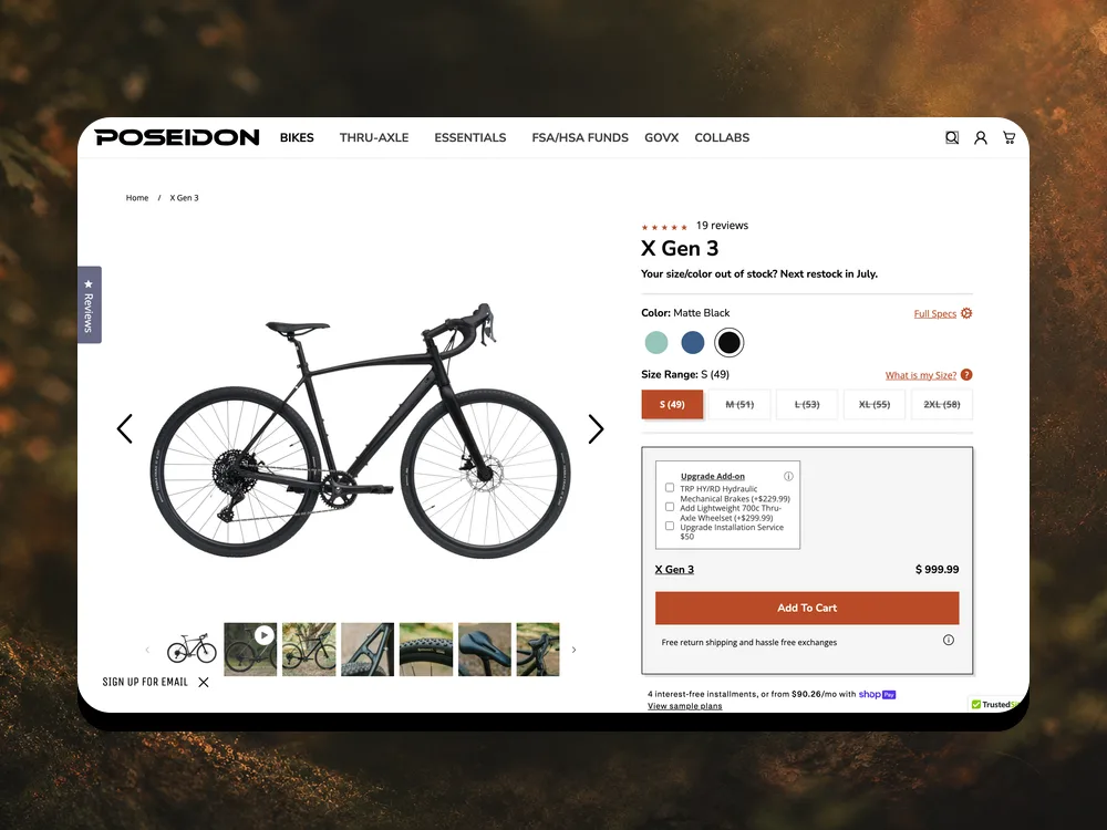 Poseidon Bikes product detail page on desktop