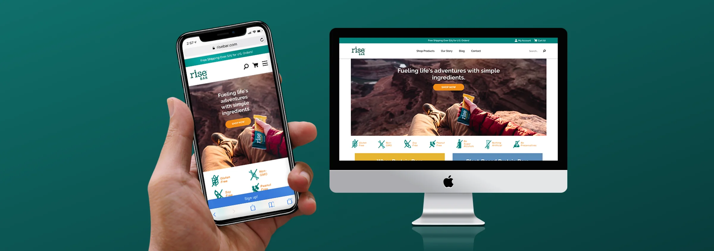 Rise Bar homepage on an iPhone and an iMac: a full-width hero reading Fueling life's adventures with simple ingredients, a Shop Now button and a row of ingredient icons