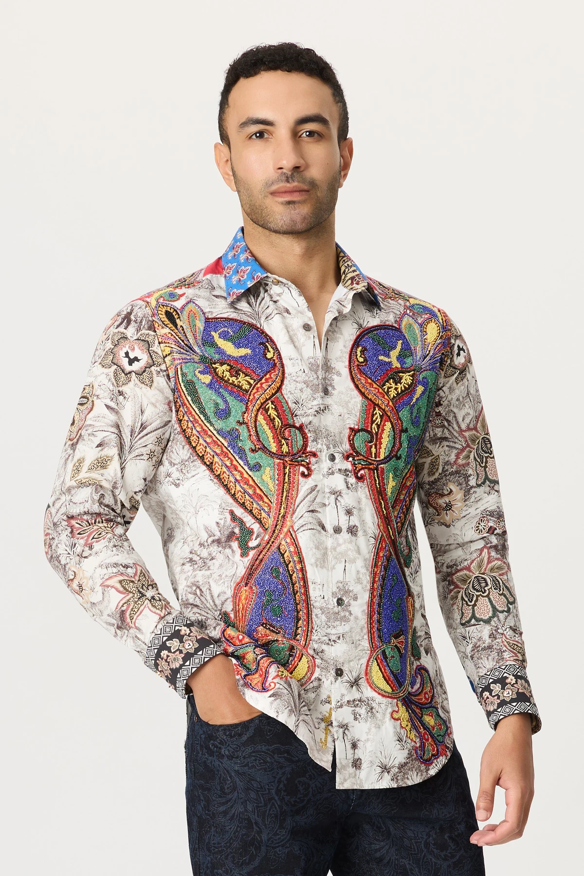 Model in a Robert Graham limited-edition long sleeve shirt with a mirrored paisley print