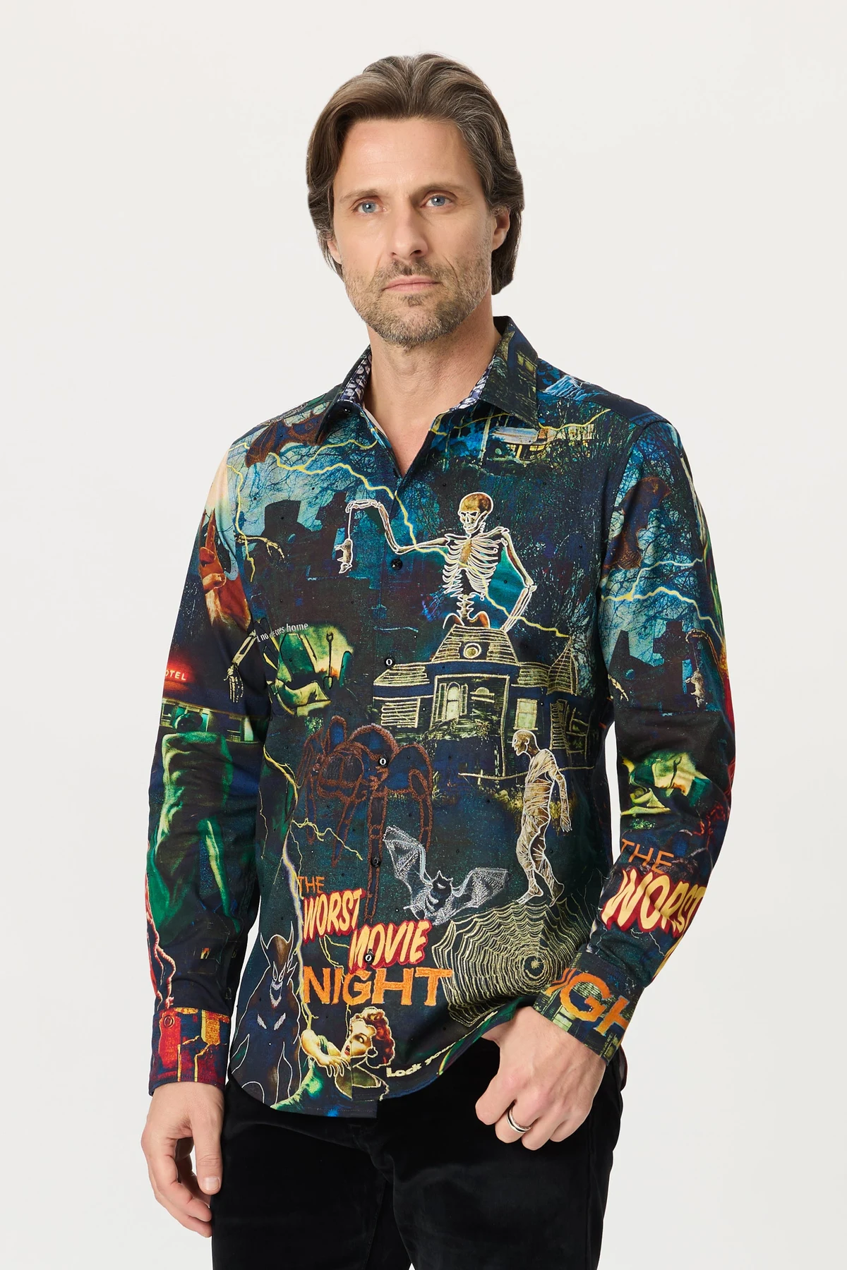 Model in a Robert Graham shirt printed with vintage movie-poster art