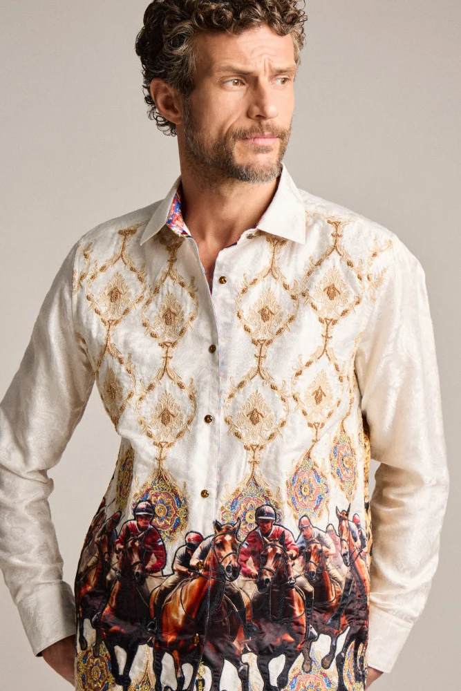 Model in a Robert Graham limited-edition cream shirt with a horse-racing print at the hem