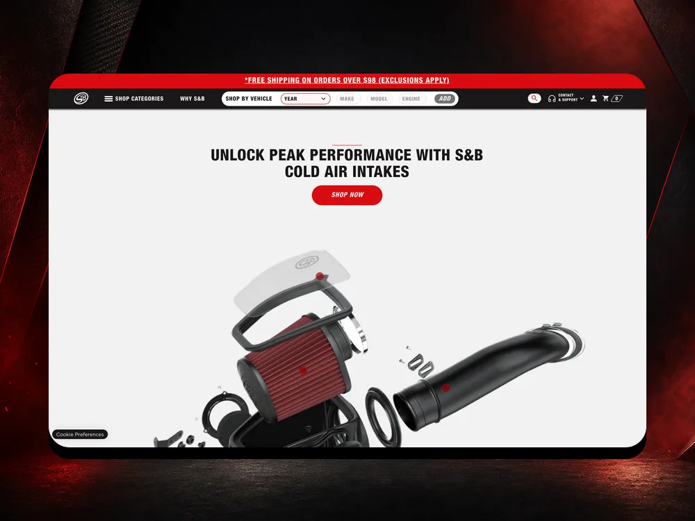 S&B Filters cold air intakes collection page on desktop