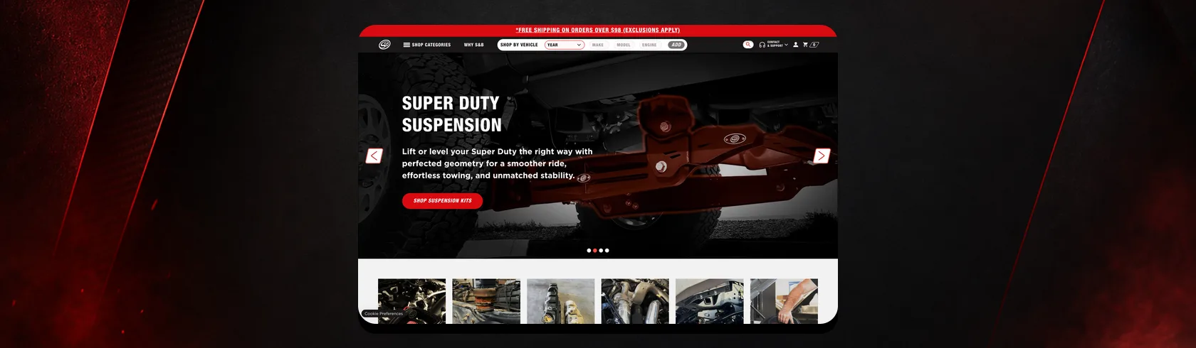 S&B Filters homepage with the Shop By Vehicle fitment finder on desktop