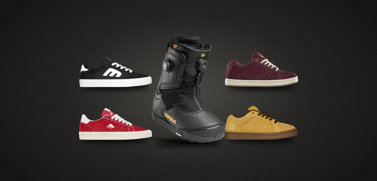 Sole Technology skate shoes and a black snowboard boot arranged on a dark gray backdrop
