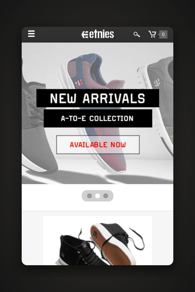 etnies mobile homepage with a New Arrivals banner, captured for DYODE's site audit