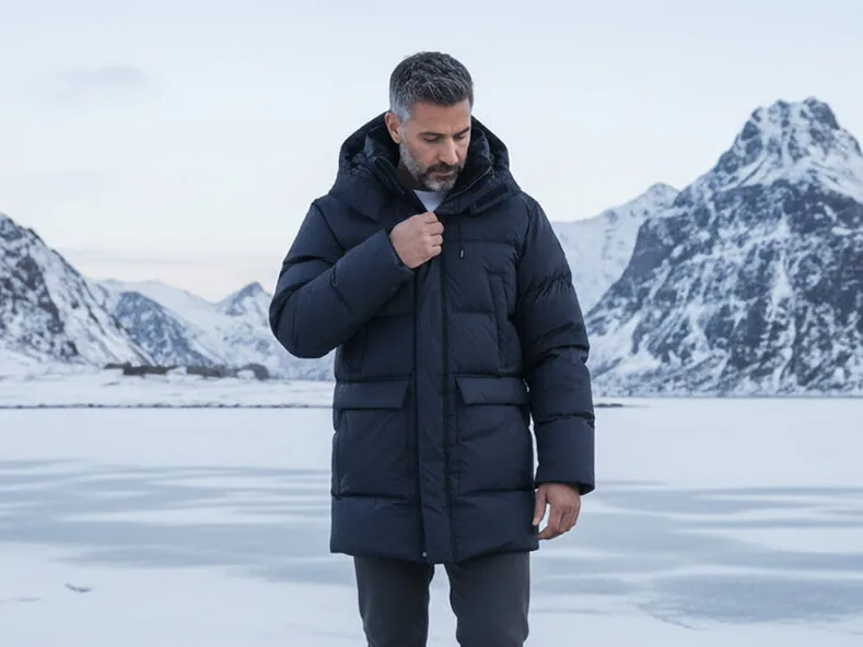 Man in a navy SWIMS puffer parka on a frozen lake beneath snowy mountains