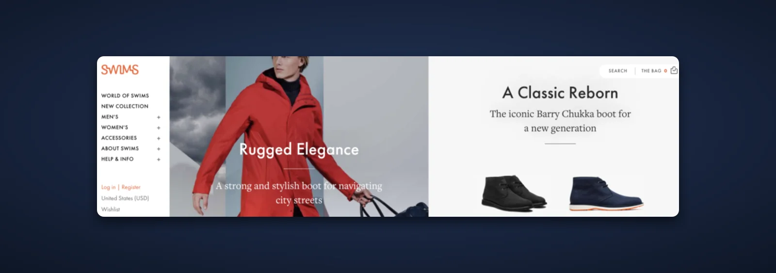 SWIMS homepage as it was when DYODE audited it, with the navigation menu, a hero image and the Classic Reborn Chukka boot