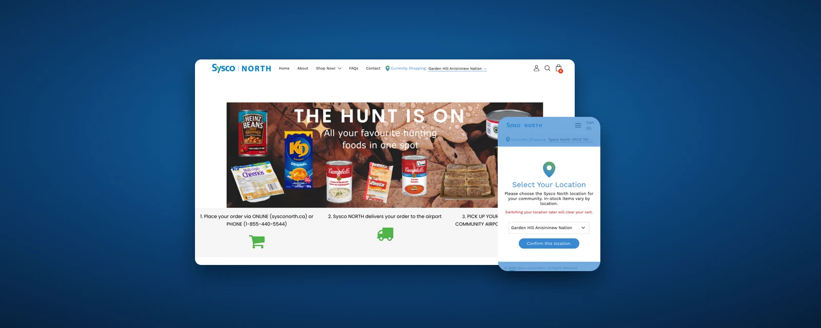 Sysco North storefront on desktop and mobile, with a hunting foods banner and a location picker