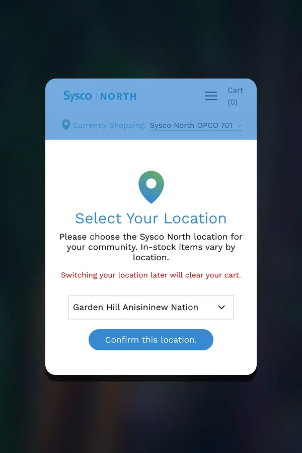 Sysco North location picker on mobile asking shoppers to choose their community