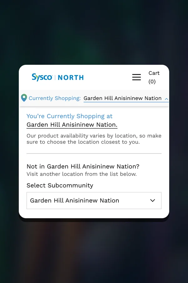 Sysco North location drawer on mobile with the sub-community selector