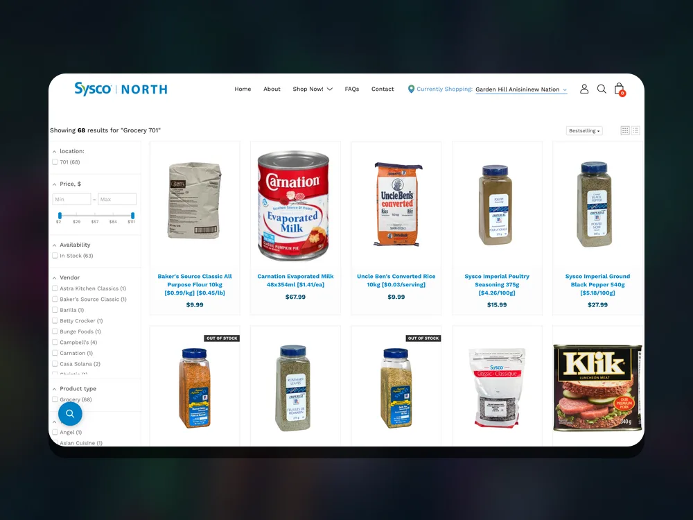 Sysco North grocery collection on desktop, scoped to the shopper's location