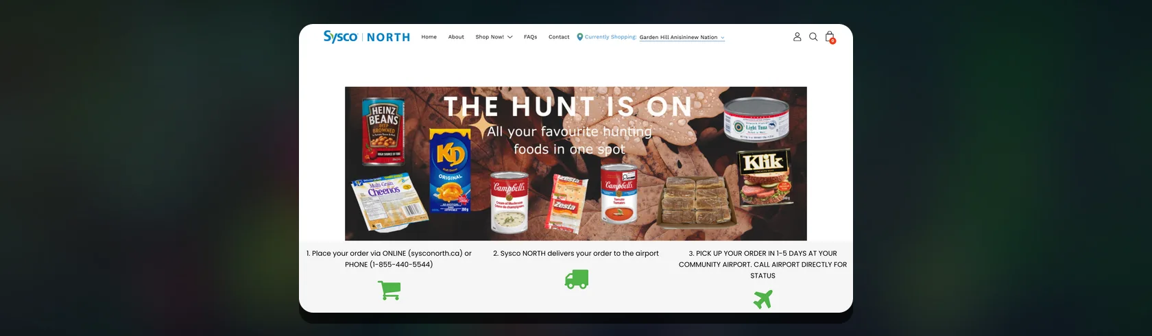 Sysco North homepage on desktop with the current location in the header and the three-step airport pickup process