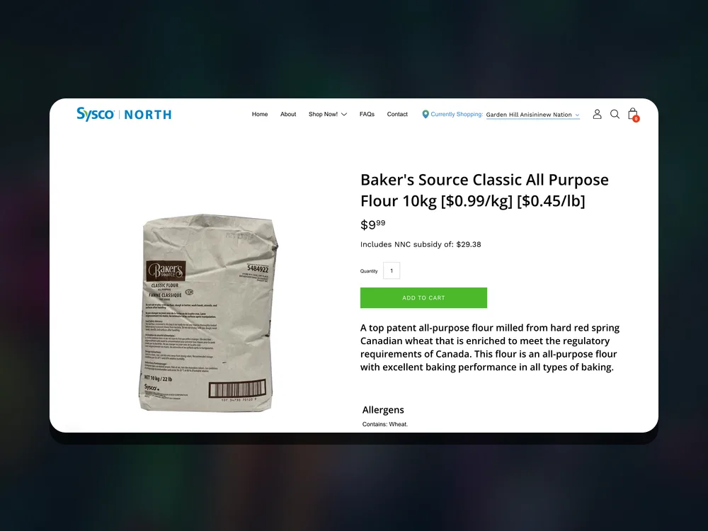 Sysco North product page on desktop for a 10 kg bag of all-purpose flour