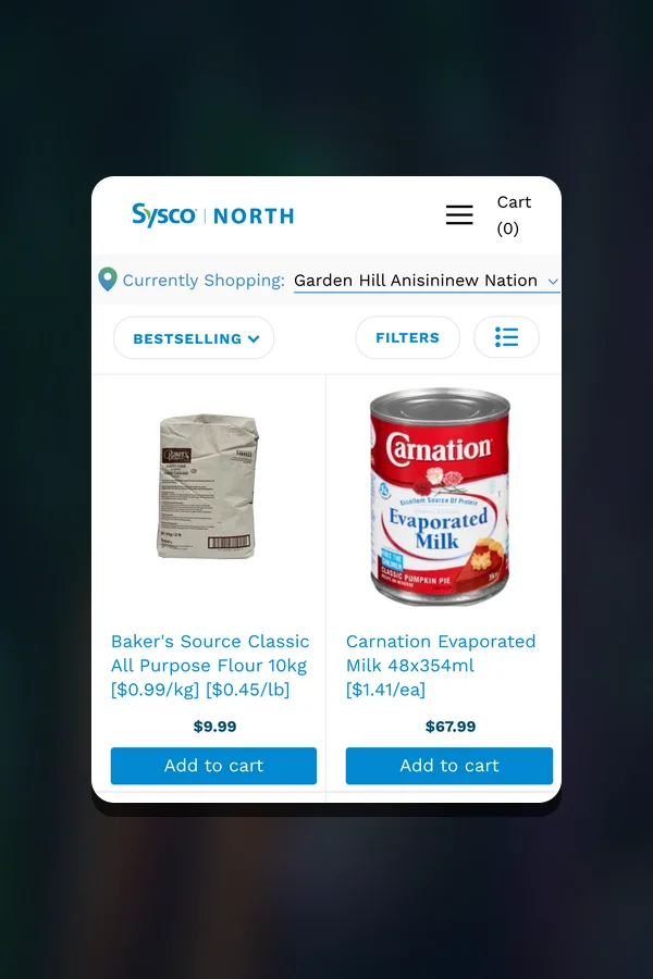 Sysco North grocery collection on mobile with add to cart buttons