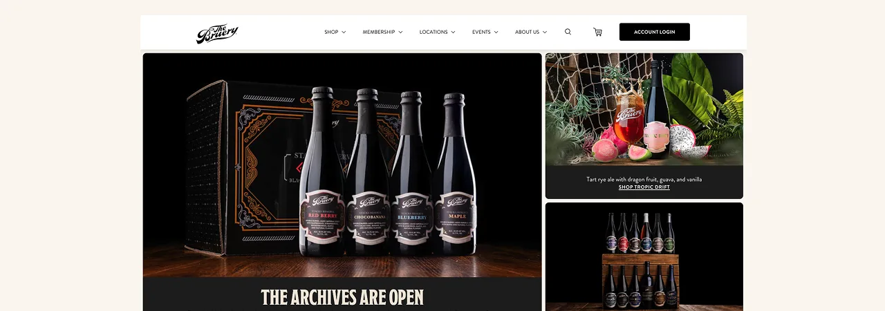 The Bruery homepage with reserve bottles and Tropic Drift release