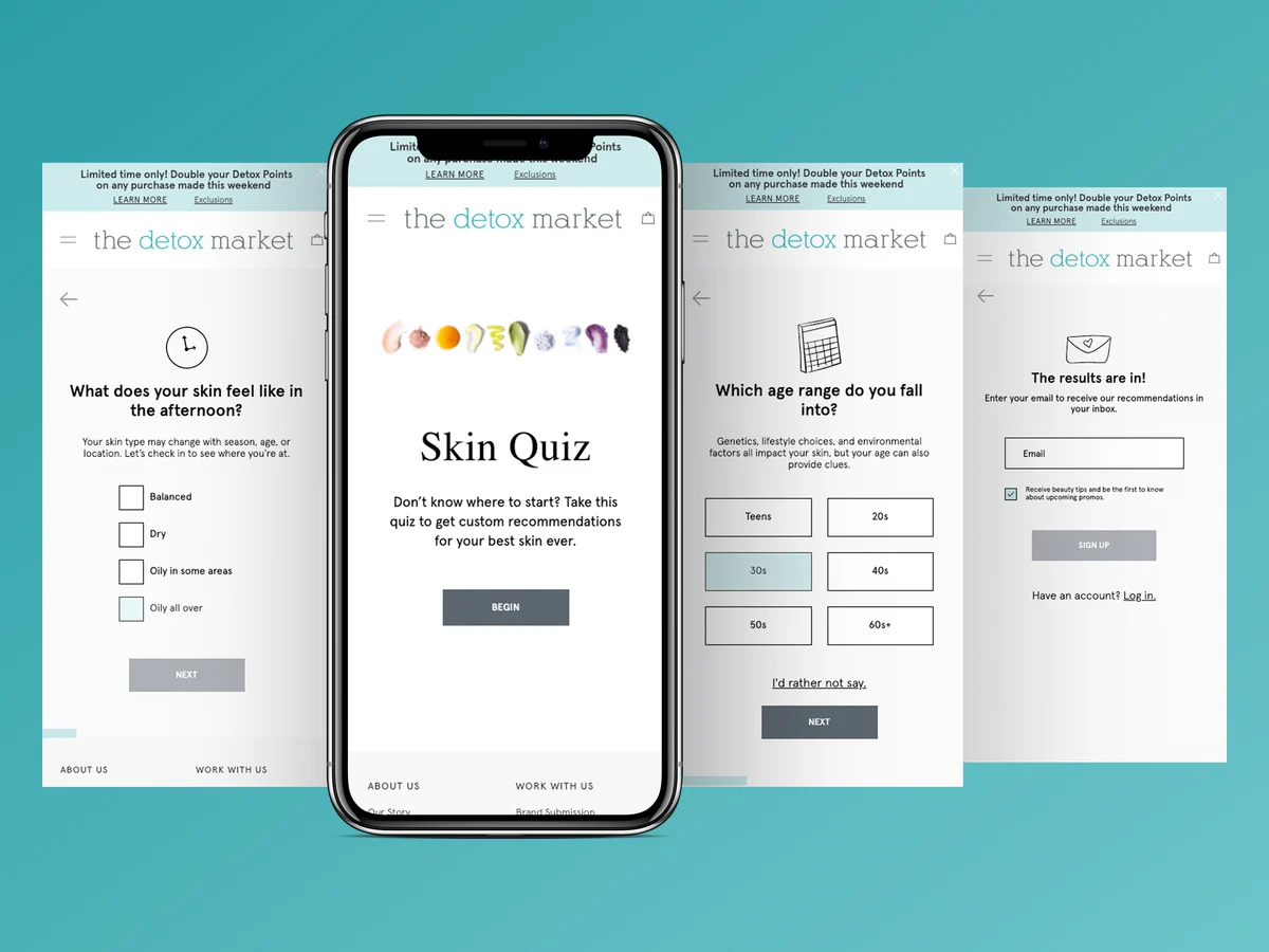 Mobile skin quiz screens for The Detox Market: the Skin Quiz start screen, a skin-feel question, an age-range question and the email step for results