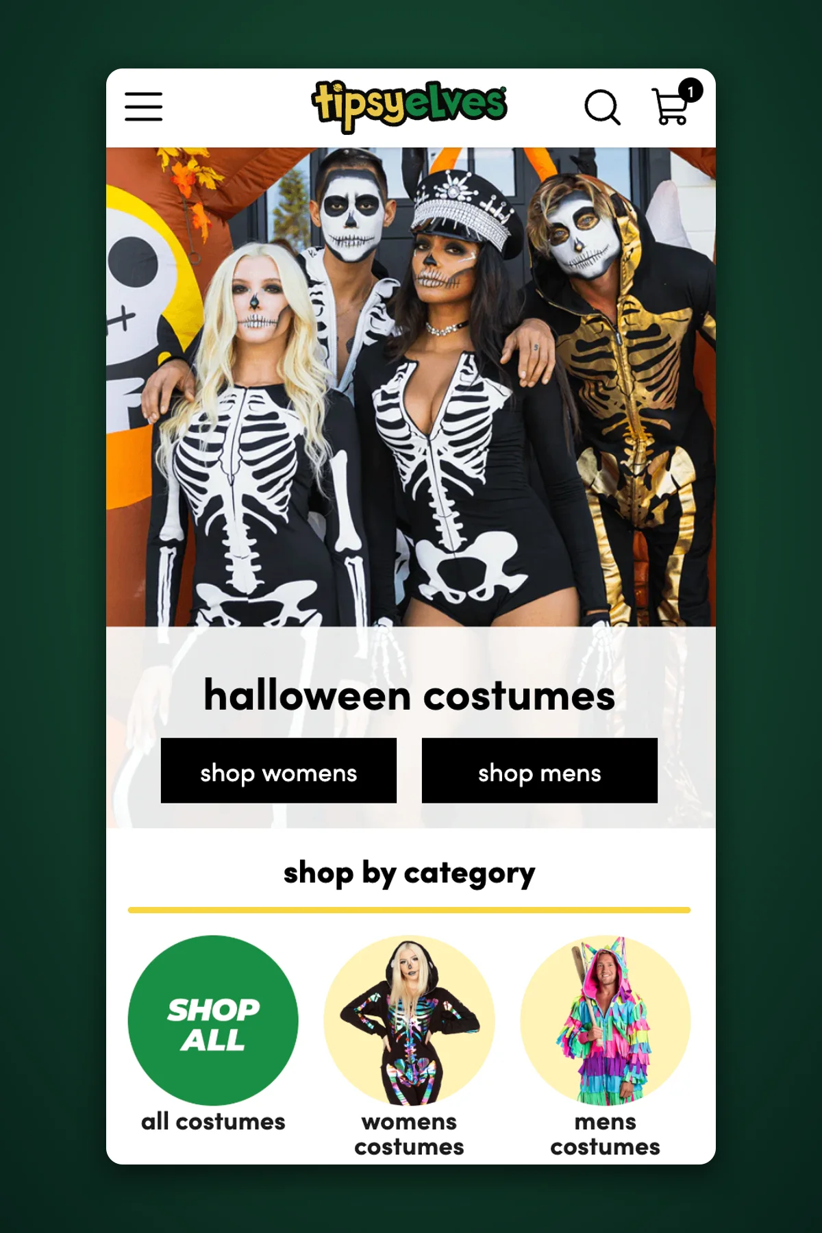 Tipsy Elves halloween costumes category page on mobile, with a hero photo, shop womens and mens buttons and a shop by category row