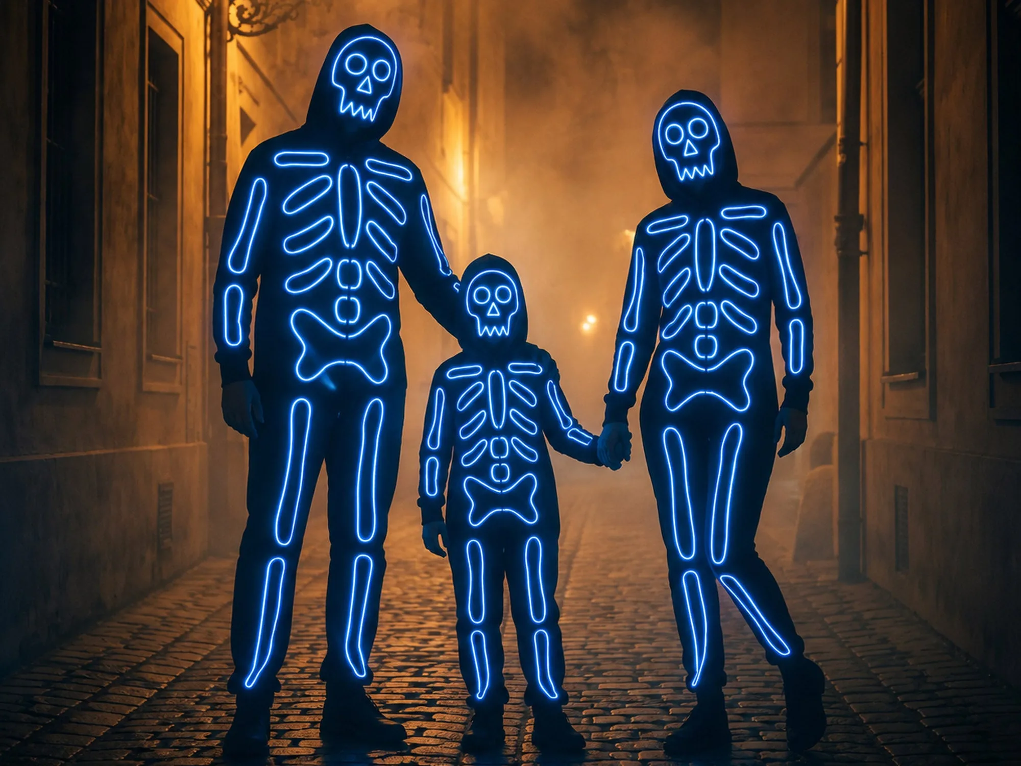 Family in matching Tipsy Elves light-up LED skeleton costumes walking down a foggy alley