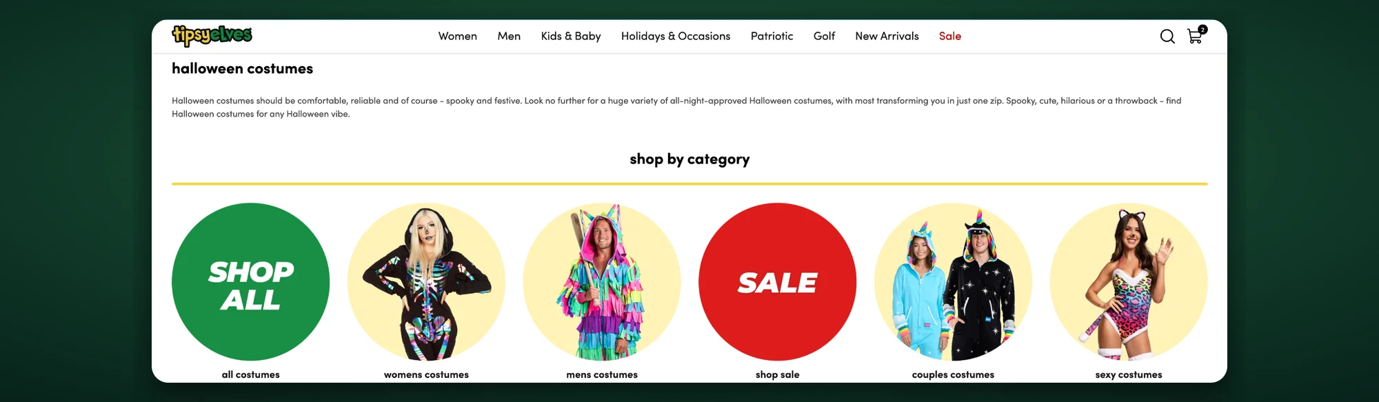 Tipsy Elves halloween costumes category page on desktop, with a row of circular shop-by-category tiles under the heading
