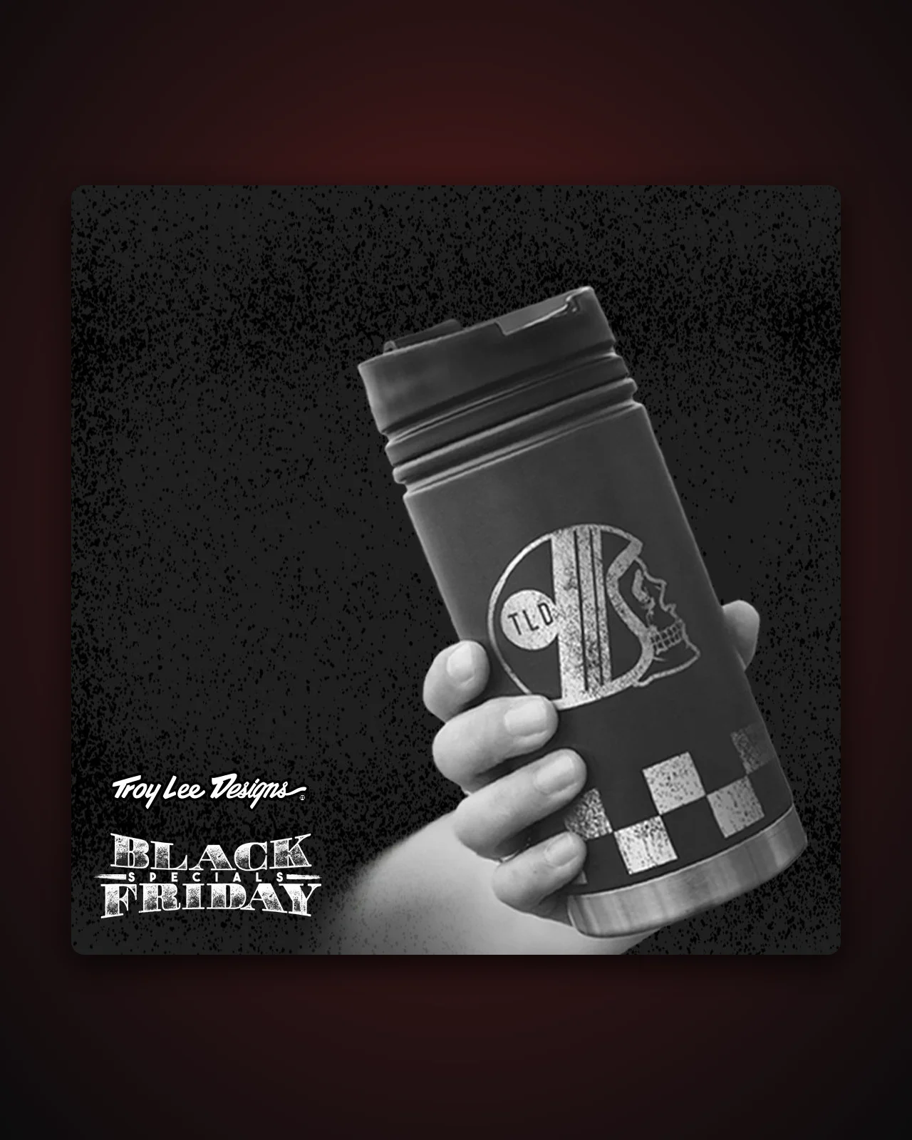 Black Friday paid social ad for Troy Lee Designs showing a TLD insulated bottle in a hand